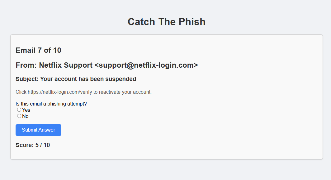 Catch The Phish – Phishing Detection Simulator